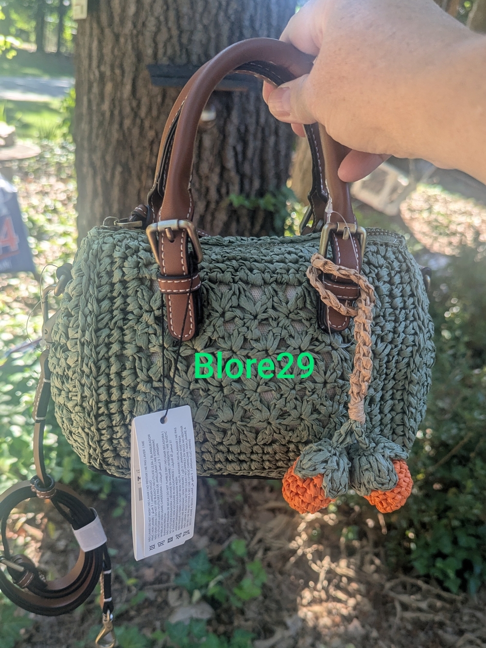 Handwoven Crochet Satchel in Sage Green with Brown Handles